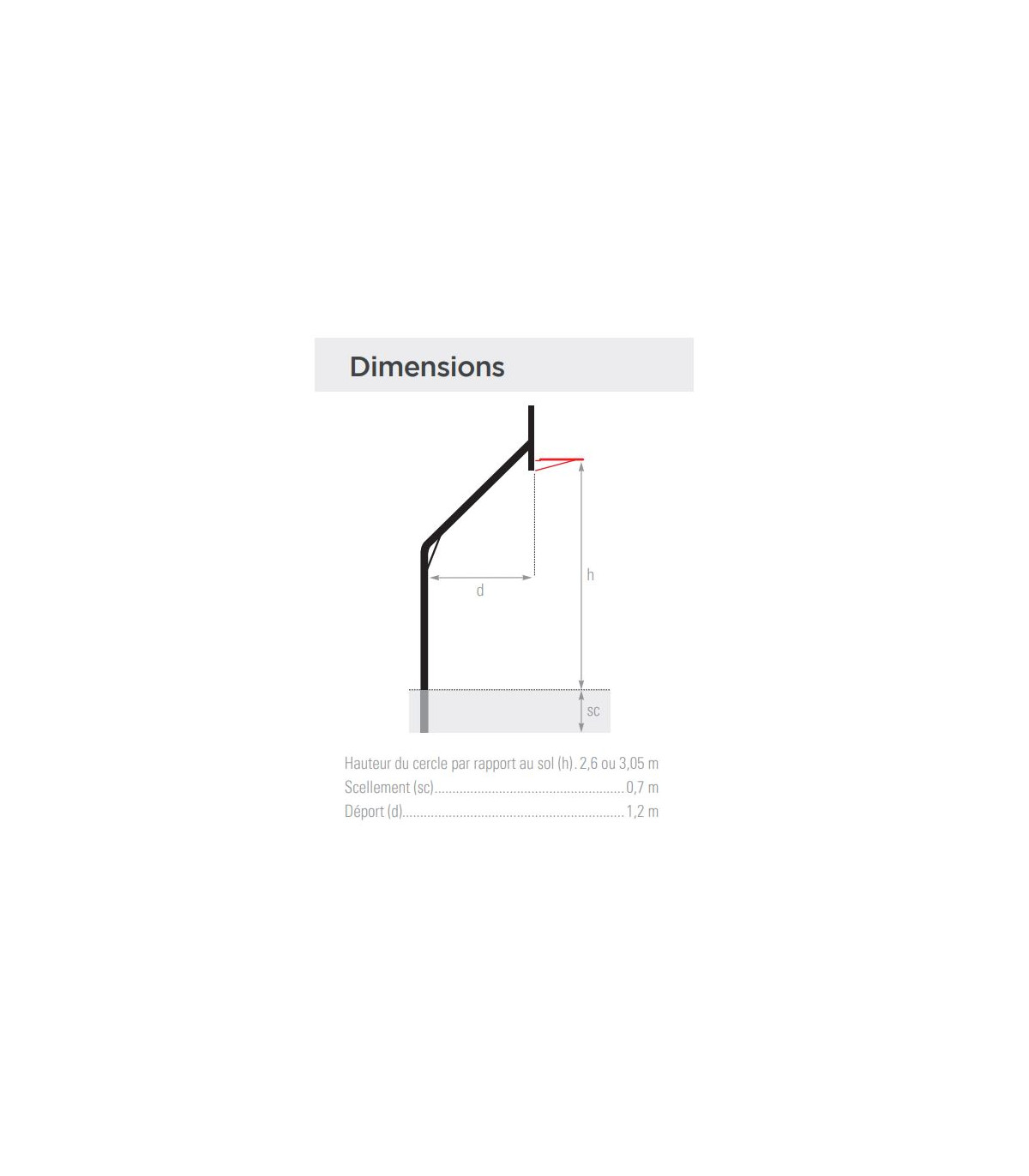 DIMENSIONS BUT DE BASKET EXTERIEUR TUBE ROND DEPORT 1.2 M