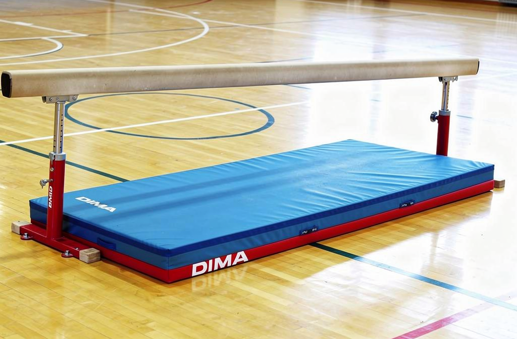 Matelas de chute de gymnastique bleu et rouge DIMA posé sous une poutre dans un gymnase.