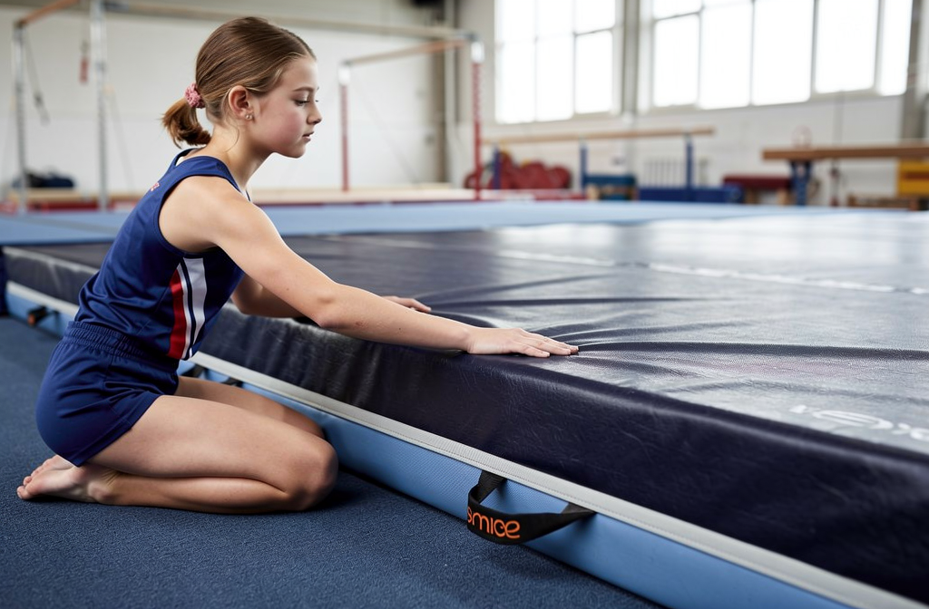 Tapis de gymnastique avec housse de protection bleu marine posé sur le sol d'un gymnase.