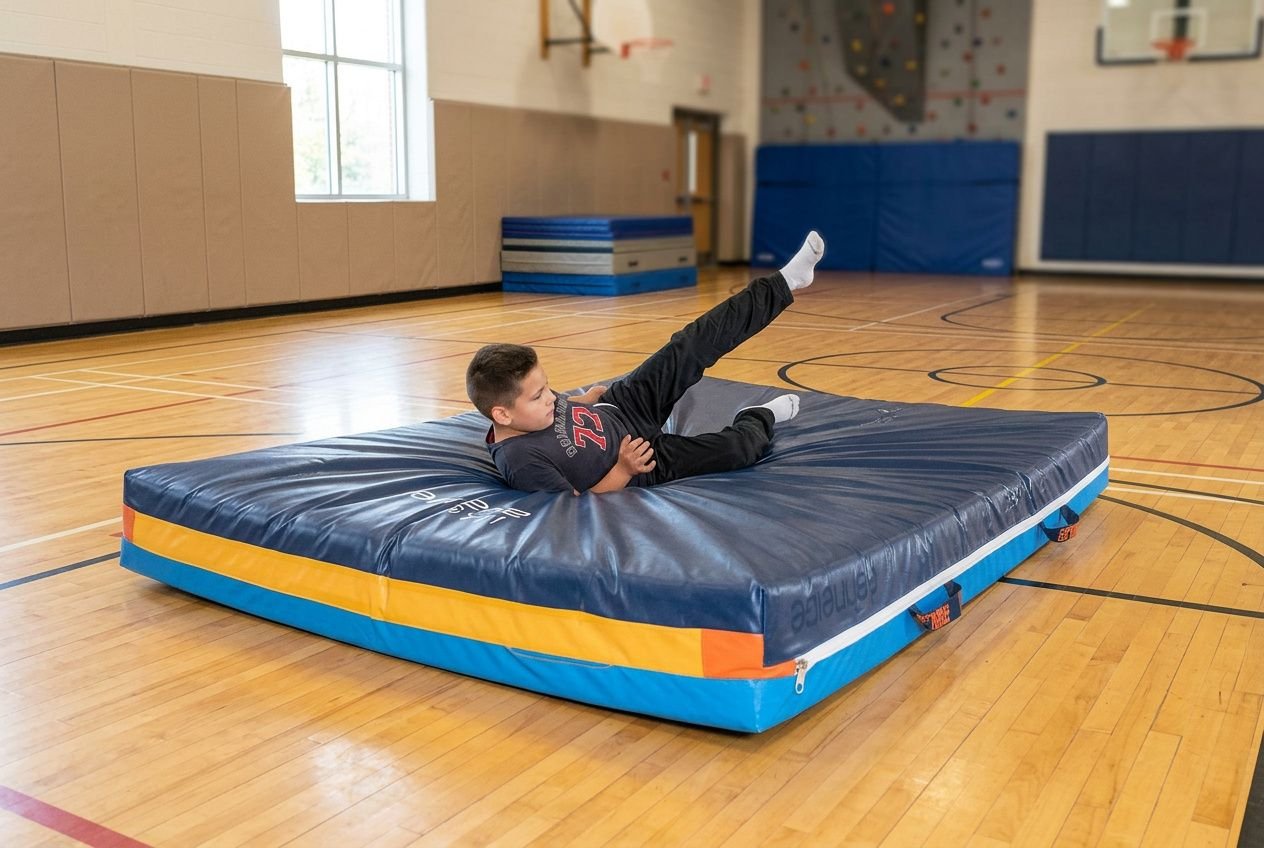 Un adolescent sur un tapis de gym épais bleu, avec épaisseur visible, en salle de sport; il effectue une rotation sur le côté en position de planche légère. dedans, mention pourquoi matelas épais gym intégré naturellement.