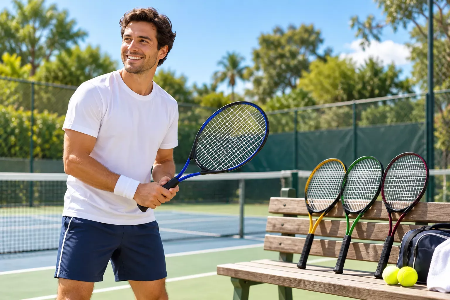 Un adulte souriant tient une raquette de tennis sur un court, près d’un banc où reposent d’autres raquettes.