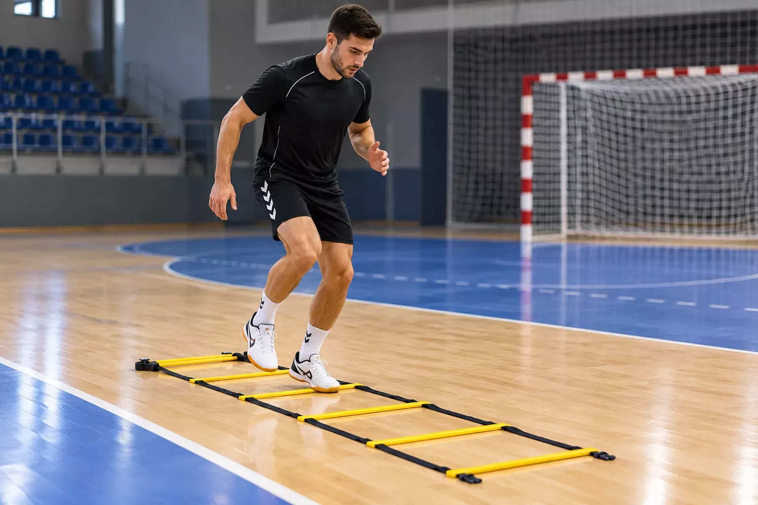 Un athlète fait un exercice d’échelle de rythme sur un court de handball.