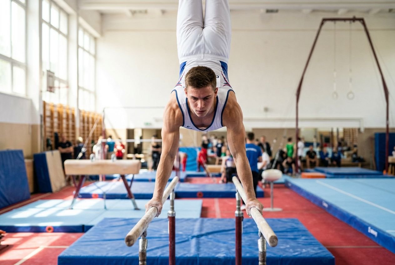 Athlète en gymnastique, en mouvement upside down sur les barres parallèles, dans une salle avec matelas et équipement, entraînement et concentration. éléments importants condition physique gymnastique