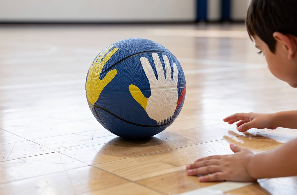 Ballon de basket bleu avec des gants colorés imprimés, posé au sol dans une salle et un enfant qui s’en approche. Comment choisir un ballon de basket.