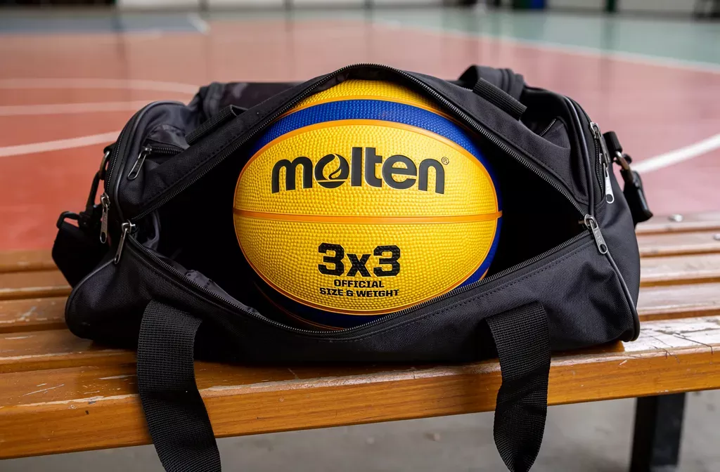 Ballon de basket jaune inséré dans un sac de sport noir posé sur un banc.