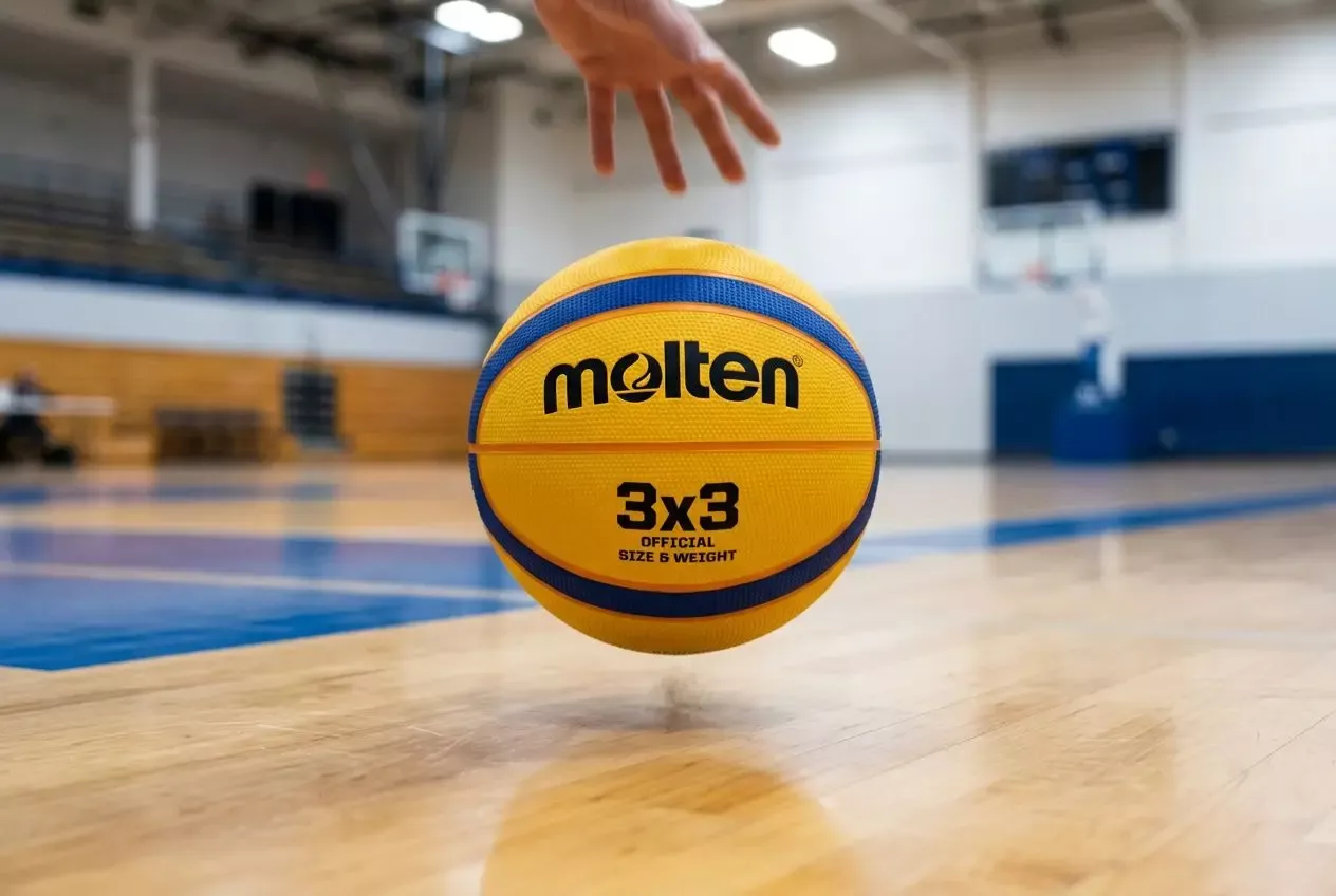 Ballon de basket jaune Molten sur parquet, prêt à être gonflé, dans une salle avec un filet et gradins en arrière-plan. pression gonflage ballon basket taille 7.