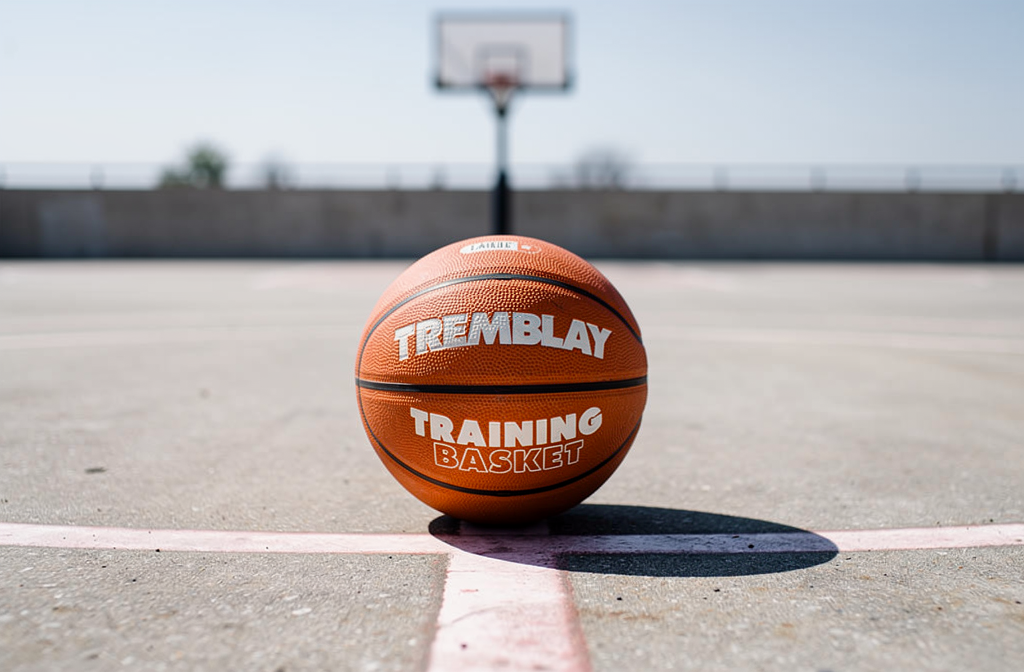 Ballon de basket orange Tremblay posé sur un terrain extérieur, ligne de touche et panier flous à l’arrière, prêt pour l’entraînement, comment choisir un ballon de basket.