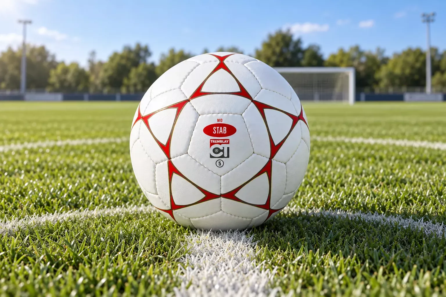 Ballon de football blanc avec motifs rouges posé sur une pelouse de terrain en gazon.