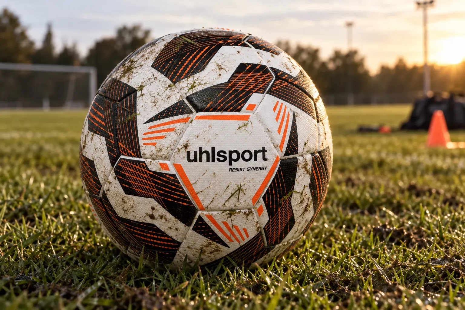 Ballon de football posé sur l’herbe d’un terrain de sport.