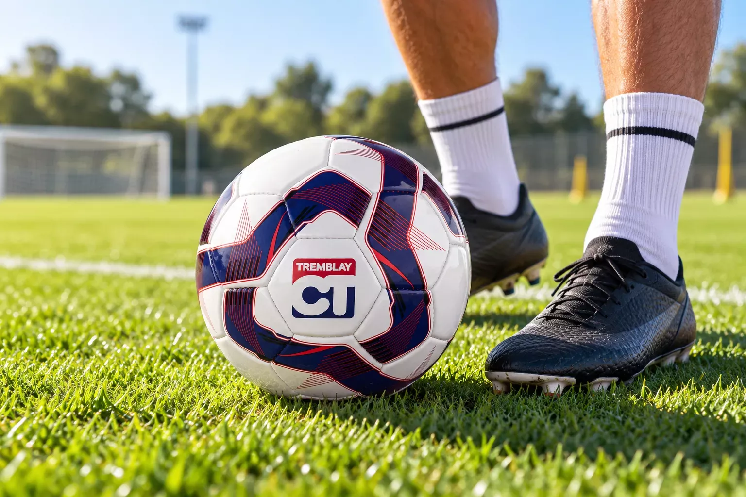 Un ballon de football repose sur un terrain en herbe près des pieds d’un joueur.