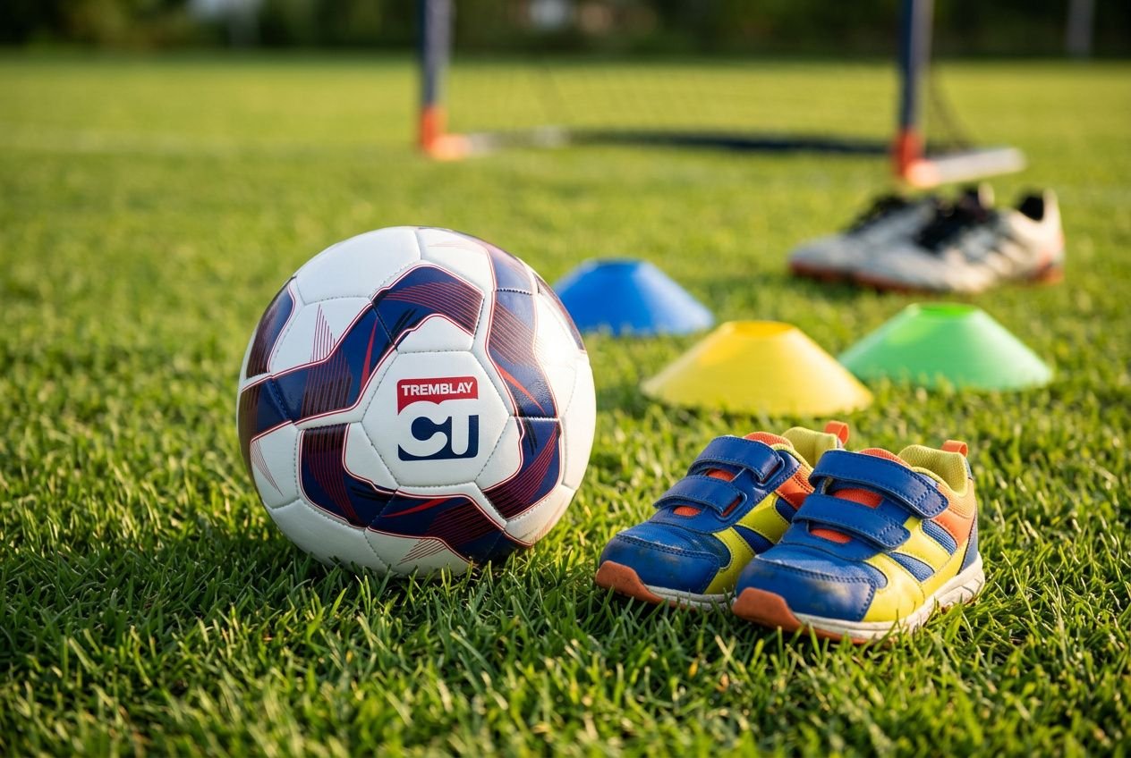 Ballon de football taille 3 près de chaussures de sport et cônes colorés sur une pelouse, idéal pour l’entraînement des jeunes.
