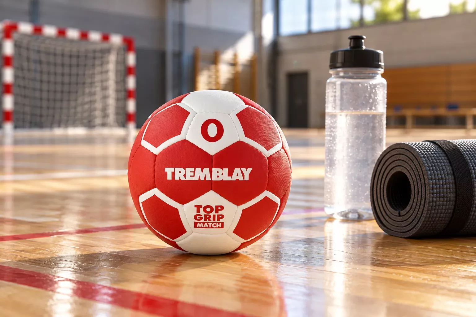 Ballon de handball rouge et blanc posé sur le parquet près d’un tapis roulant et d’une gourde dans une salle sportive.