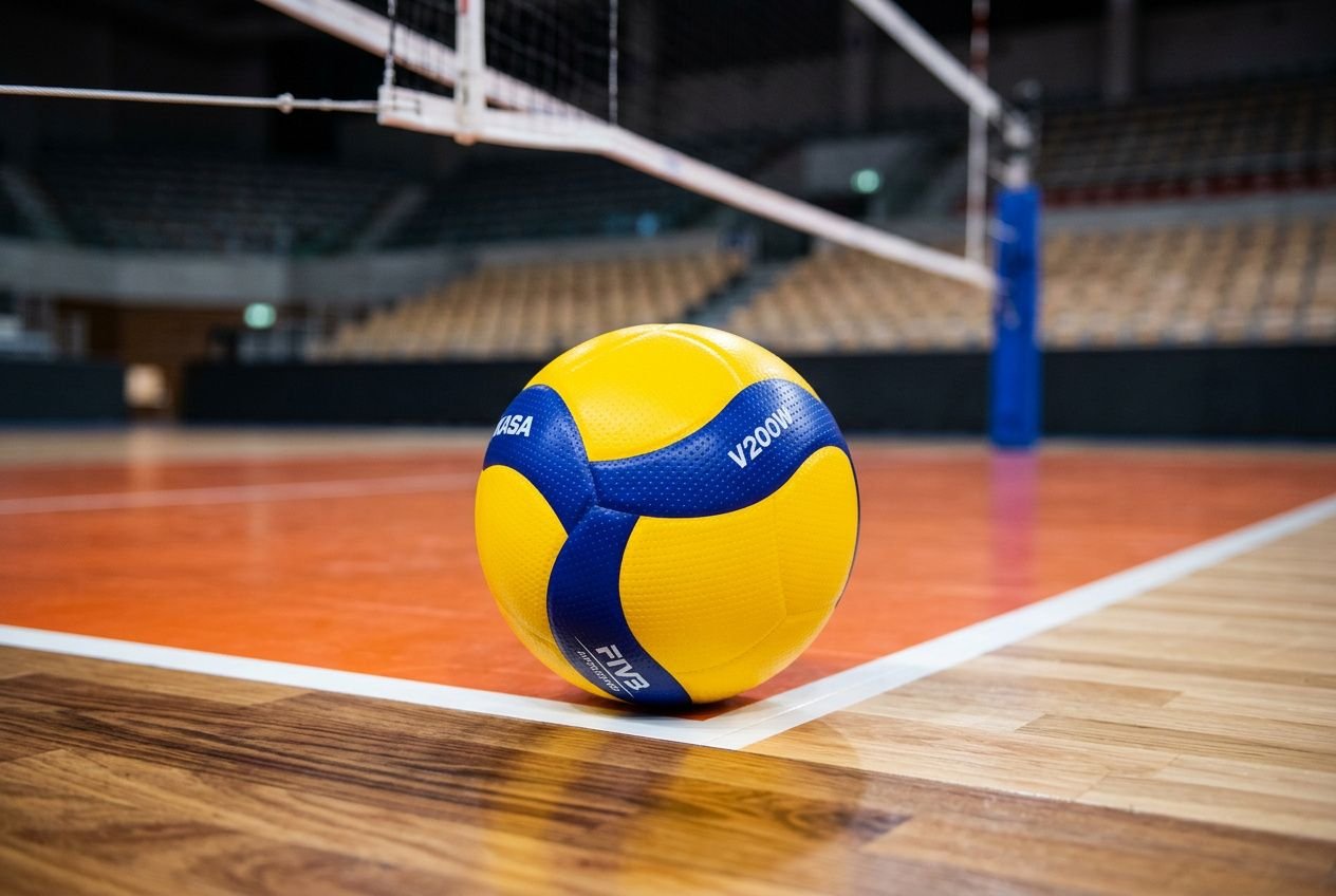 Ballon de volley compétition jaune et bleu posé sur un terrain de volley-ball en salle, près du filet.