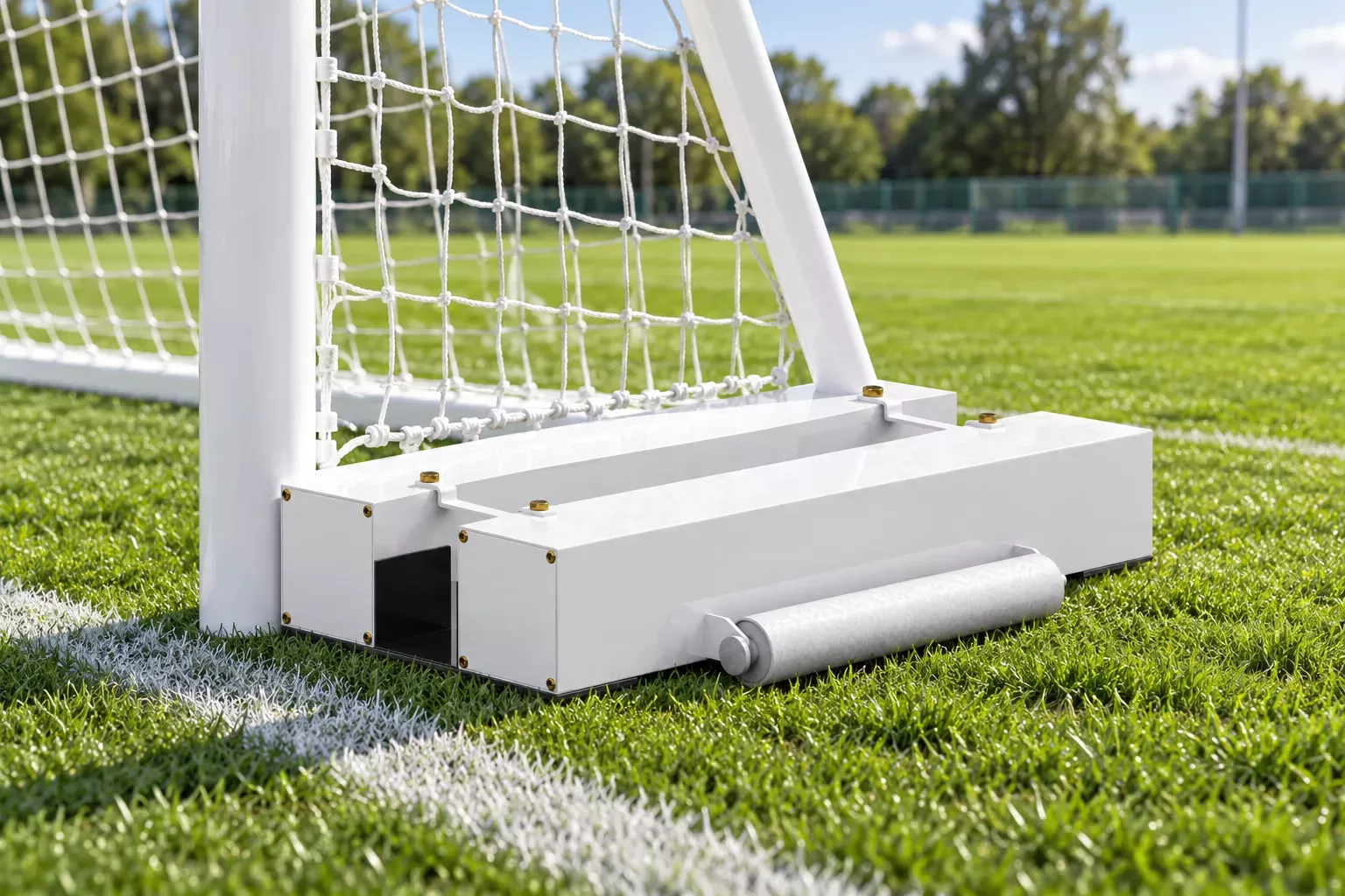 Base de but de football amovible posée sur la pelouse avec roulettes et filet attaché au cadre.