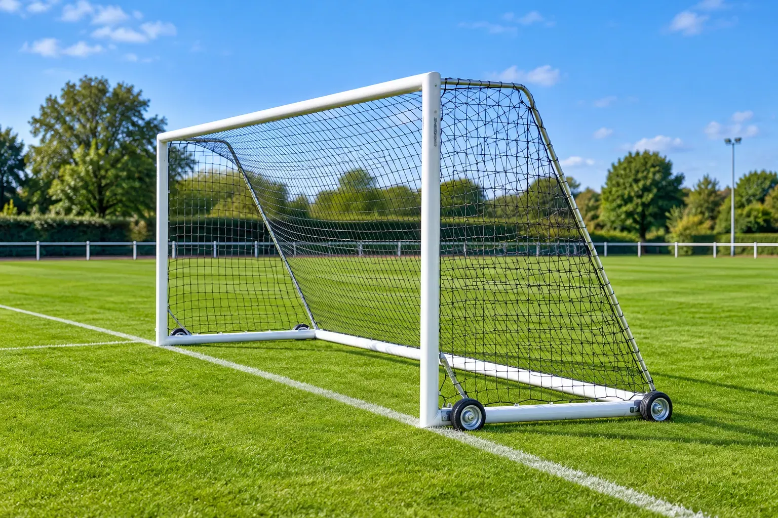 But de football en herbe sur un terrain gazon avec cadre métallique et filet attaché.