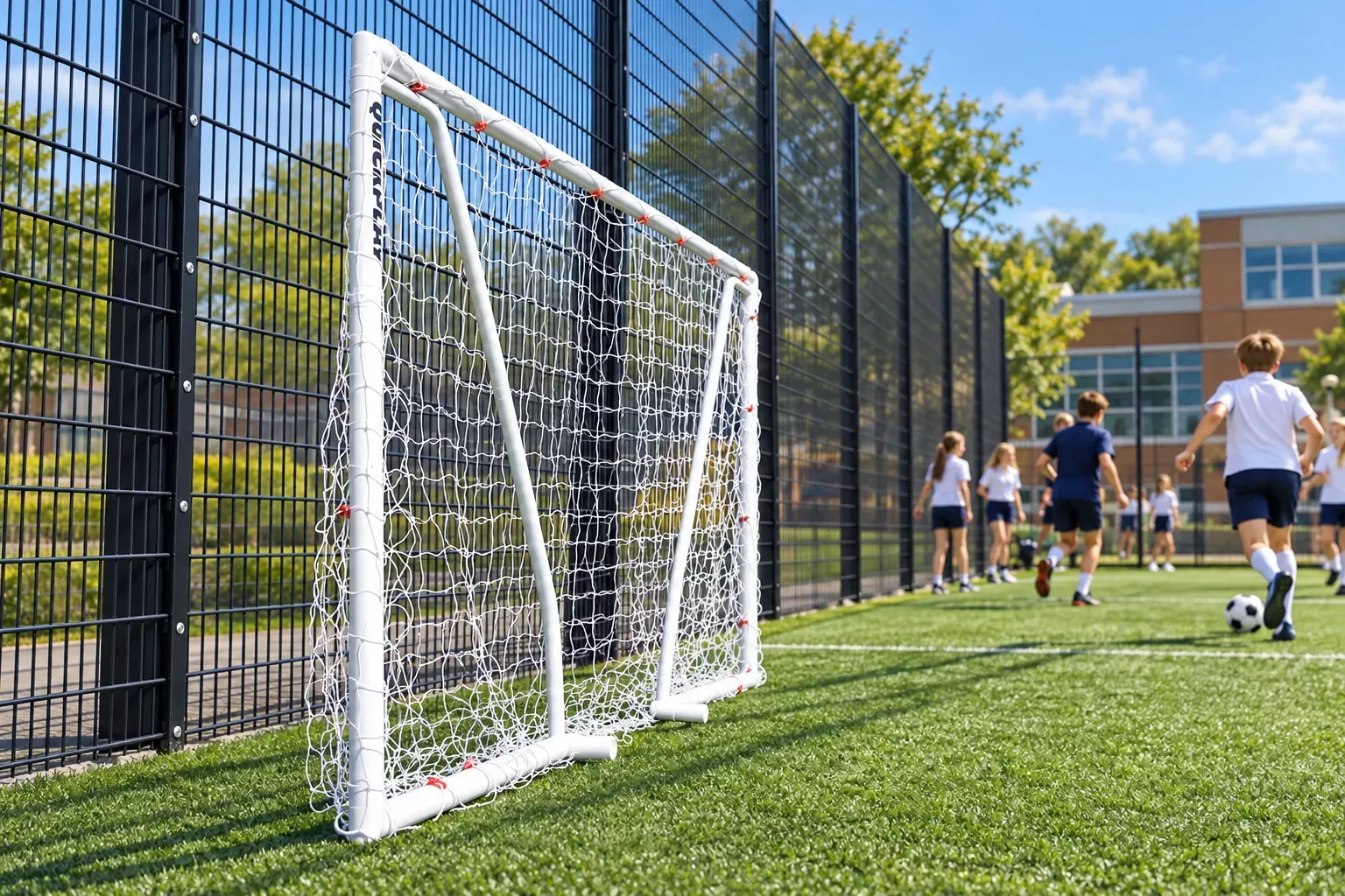 But de football miniature posé sur le gazon d’une cour d’école entourée d’une clôture métallique; des enfants jouent en