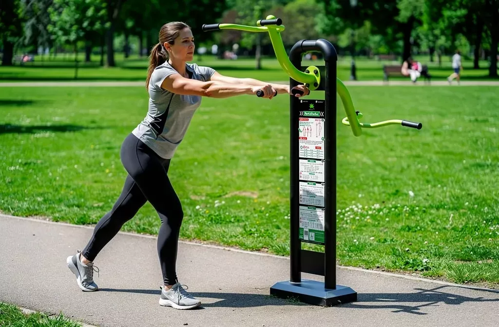 Cardio en plein air: femme utilisant un accessoire fitness femme sur machine d’entraînement portable dans le parc.