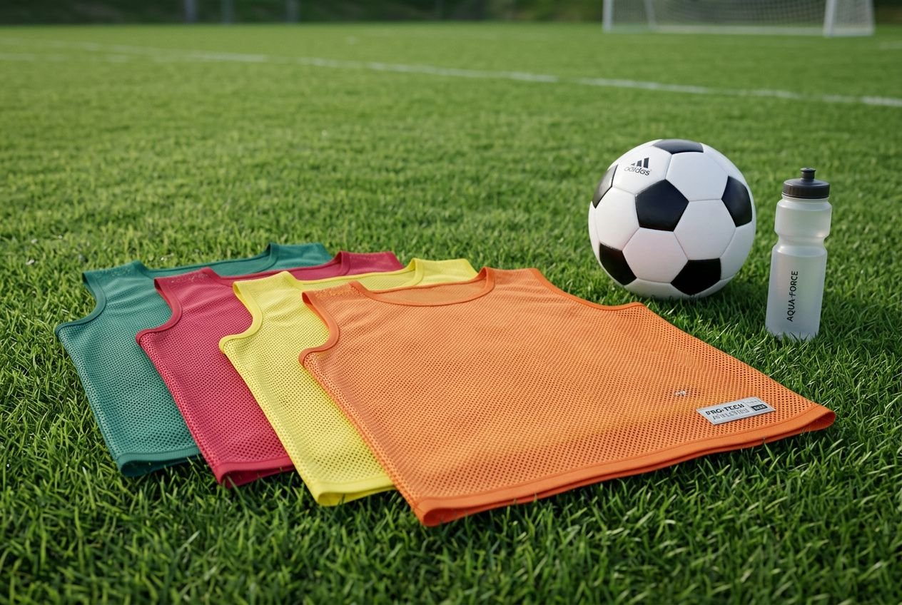 Chasuble entraînement sport collectif: vue d’un ensemble de chasubles colorées sur gazon, près d’un ballon et d’une gourde de sport.