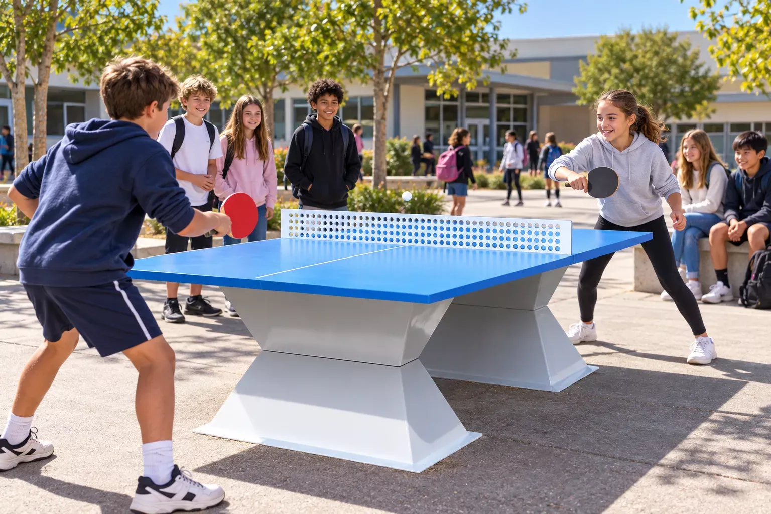 Deux adolescents jouent au tennis de table en extérieur autour d’une table bleue, pendant que d’autres élèves les observent.