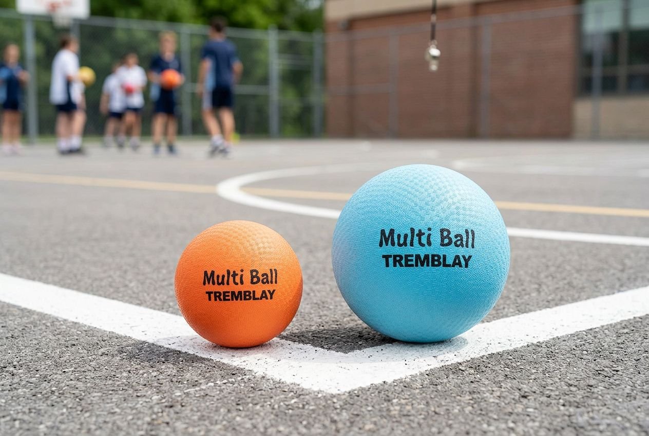 Deux balles de sport mini et maxi sur un terrain d’école en extérieur, prêt à être utilisés pour un activité multisport.