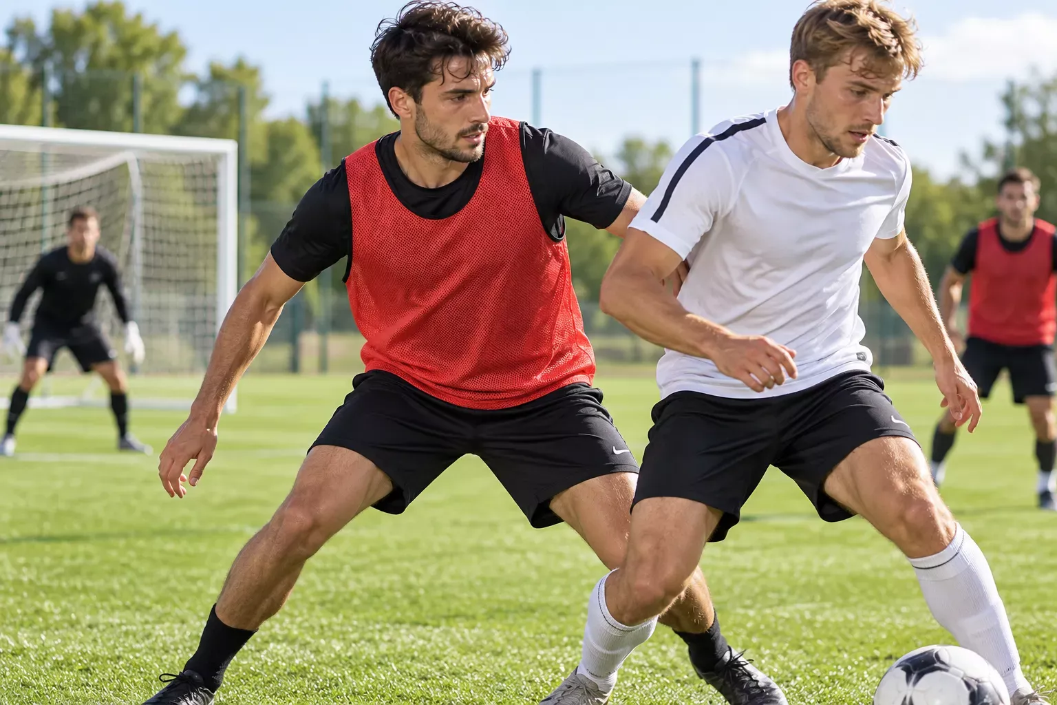 Deux joueurs en action lors d'un entraînement de football, l'un portant un maillot rouge et l'autre blanc, en duel près du