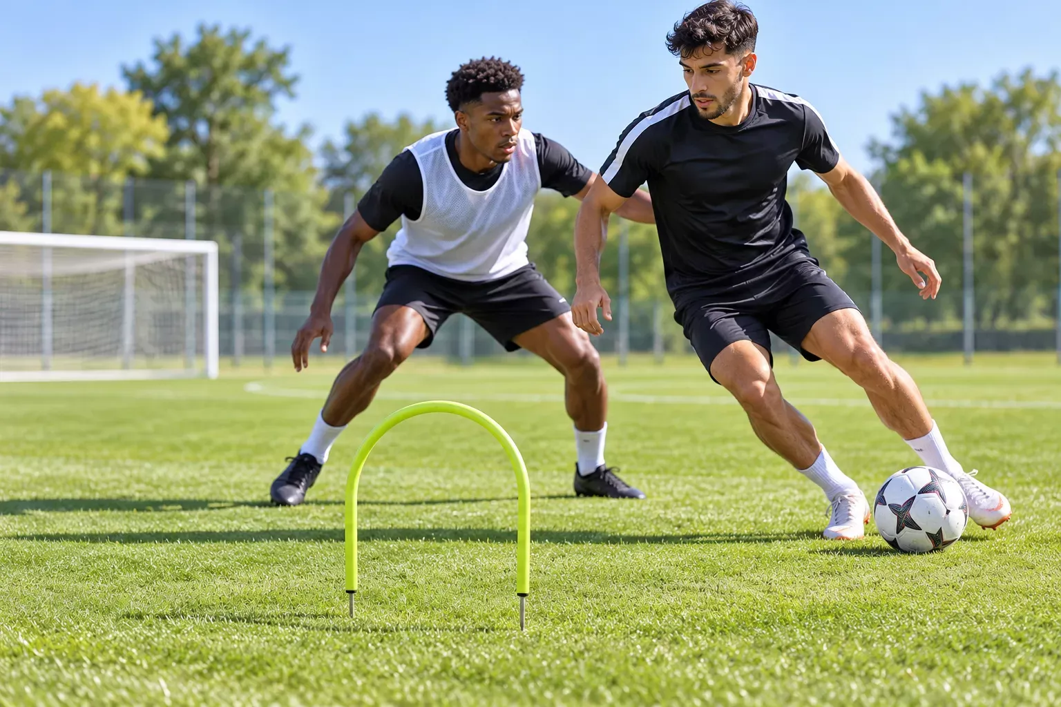 Deux joueurs en train de s'entraîner au marquage sur un terrain de football, l'un dribblant autour d'un petit obstacle jaune.