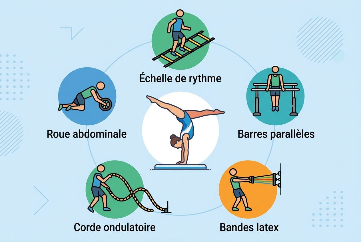 Éléments importants condition physique gymnastique : illustration circulaire montrant six exercices, corde ondulatoire, échelle de rythme, barres paralelles, bands latex, roue abdominale et près du centre une figure effectuant une balançoire sur poutre.