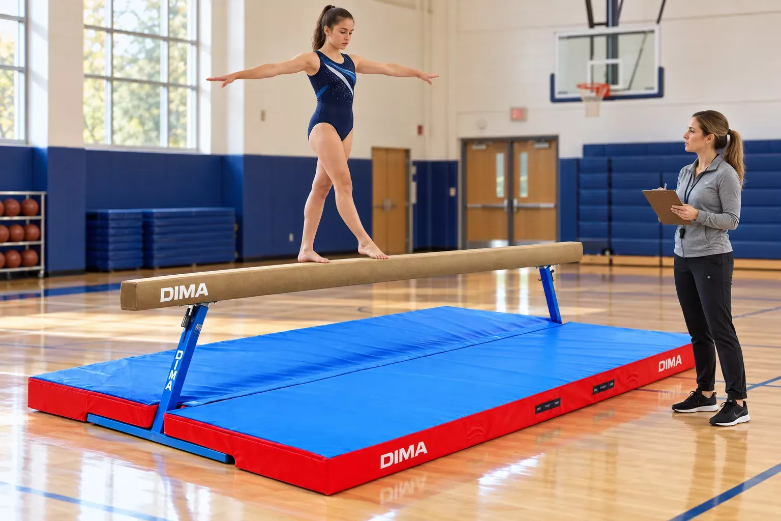 Élève en justaucorps bleu équilibre les bras tendus sur une poutre de gymnastique posée sur un tapis bleu dans une salle,