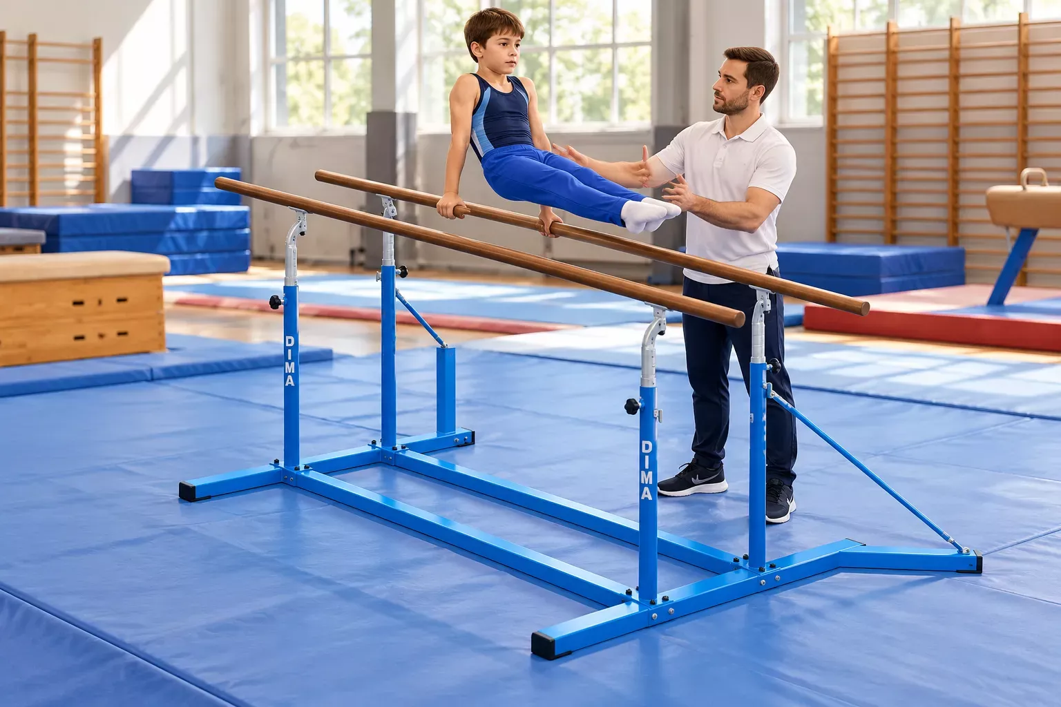 Un enfant assis sur des barres parallèles en bois, aidé par un entraîneur dans une salle de gymnastique équipée.
