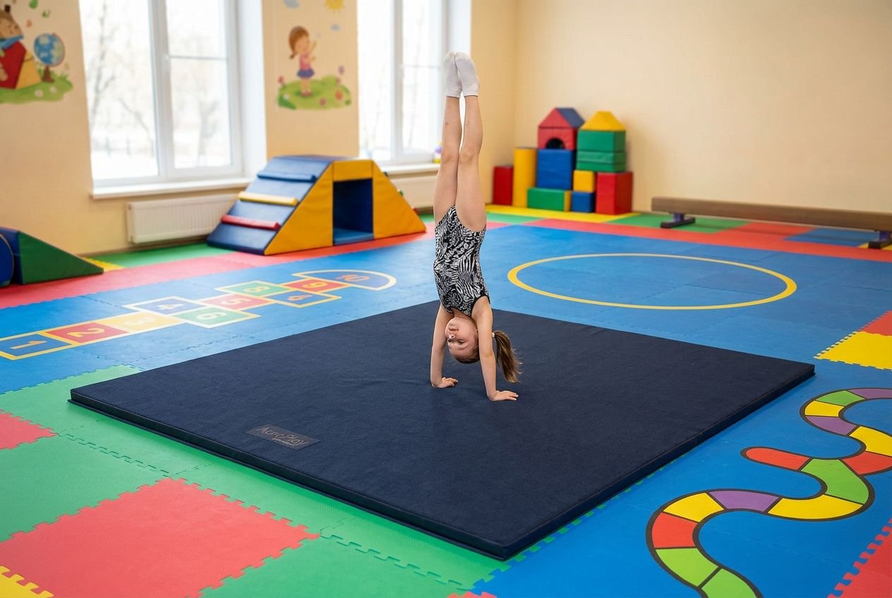Enfant en gym maternelle faisant une balançoire sur les mains sur un tapis de gym épais, entouré d’un parcours coloré et de matériel pédagogique. excerice gym maternelle intégré.