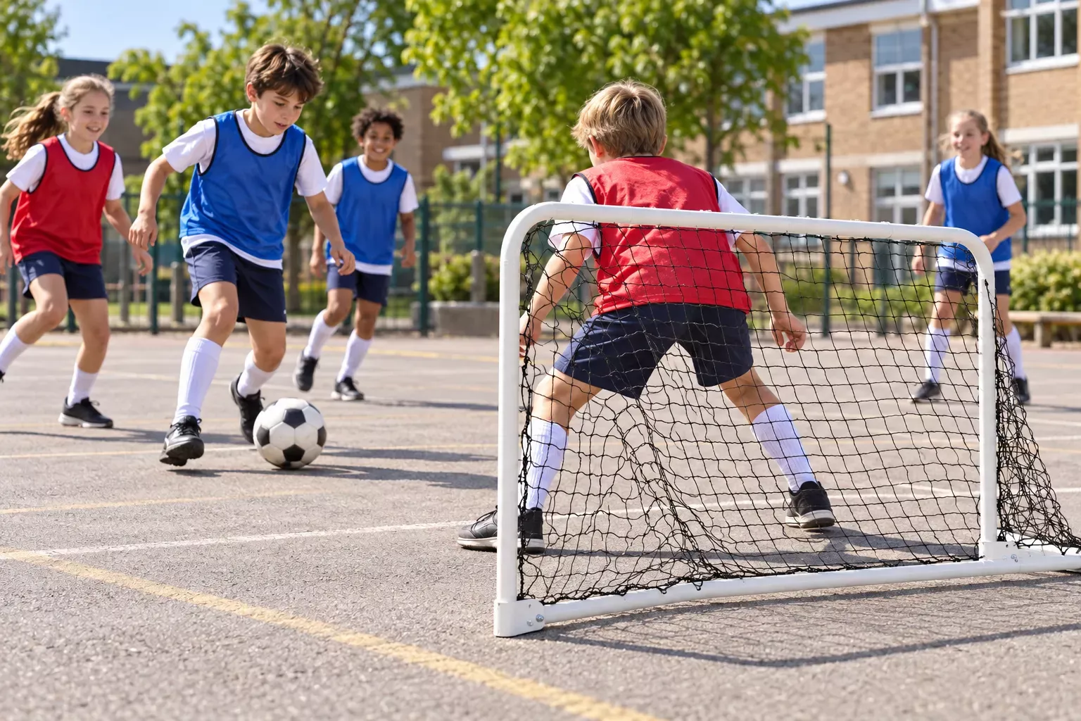 Enfant en maillot bleu tente de marquer un but tandis que d’autres jouent au football sur un terrain extérieur.