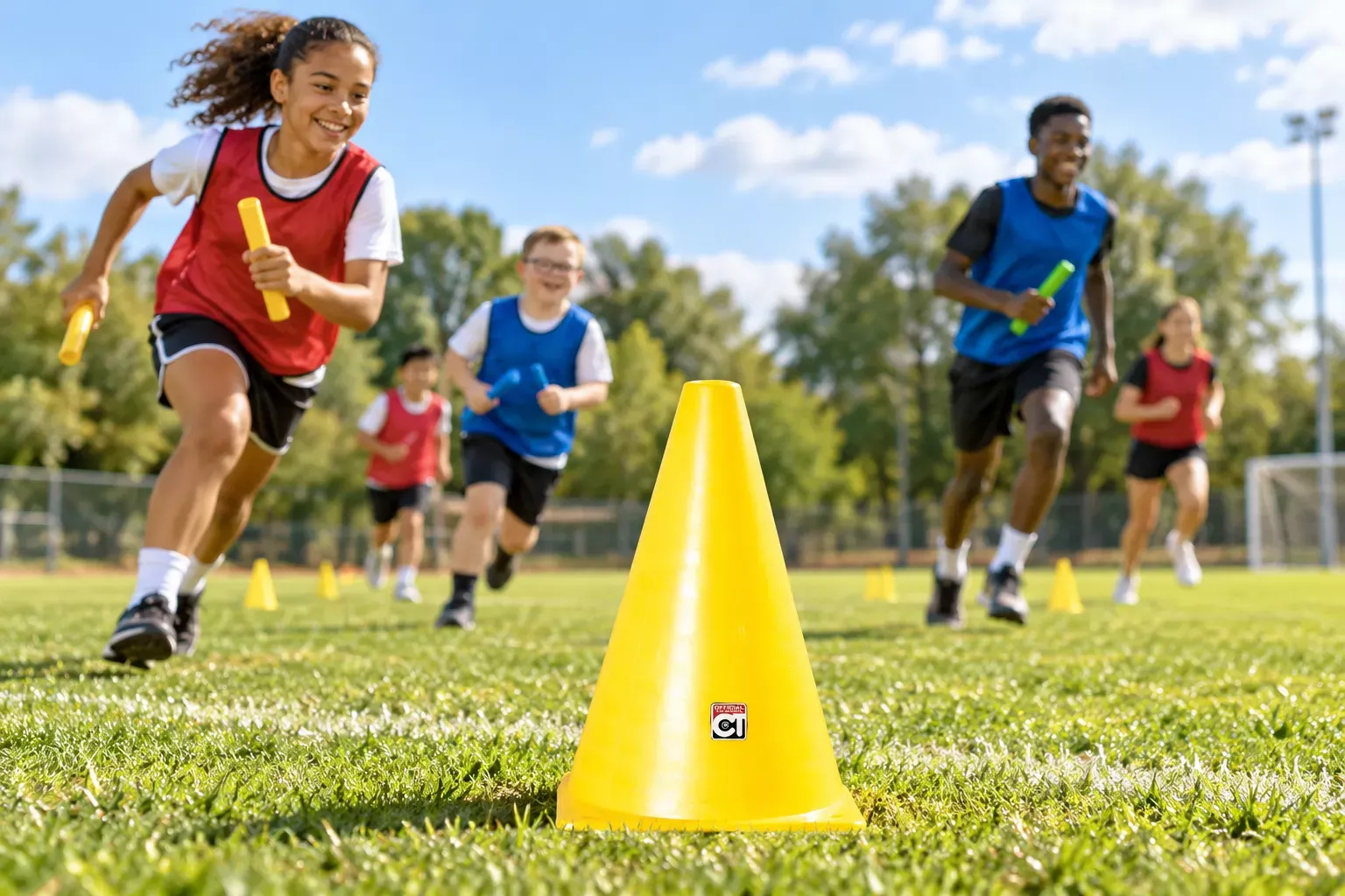 Des enfants courant dans une course sportif avec des cônes jaunes au premier plan.