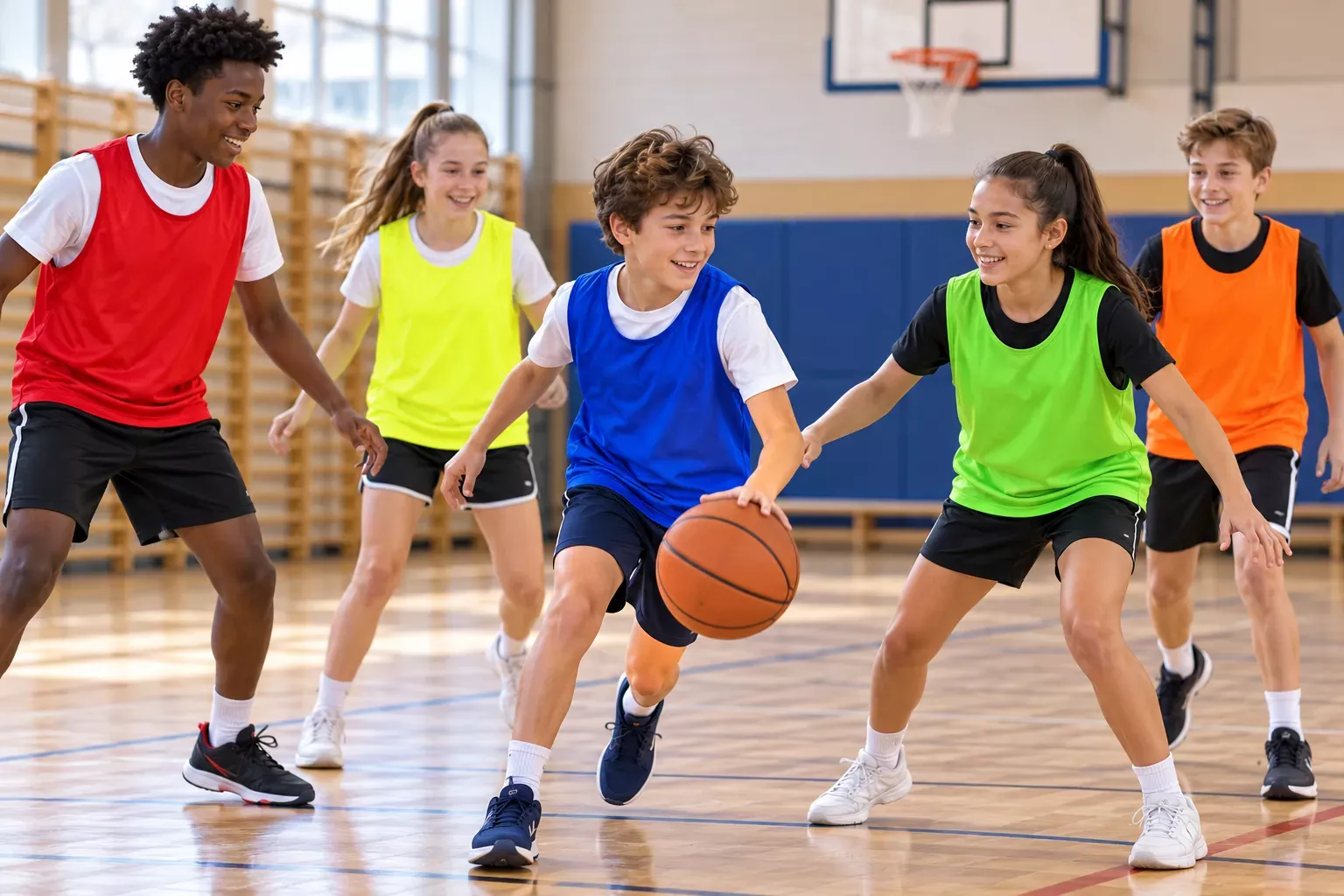 Des enfants jouent au basket en gymnase, driblant le ballon entourés par d’autres enfants en gilets de couleur.