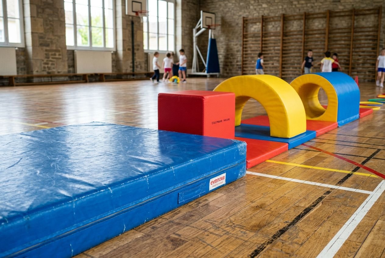 Entraînement de gymnastique en maternelle avec parcours de modules colorés dans une salle de sport scolaire. exercice gym maternelle, jeux moteurs pour enfants.