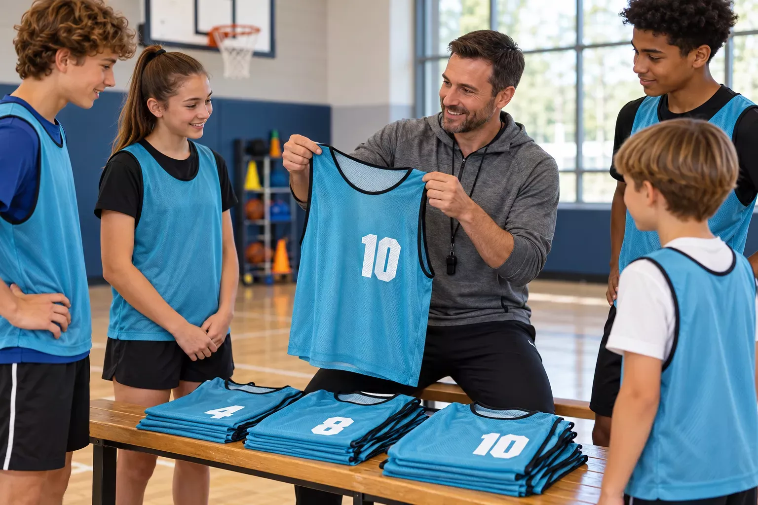 Un entraîneur montre un maillot sans manches bleu avec le chiffre 10 à un groupe de joueurs dans une salle de sport.