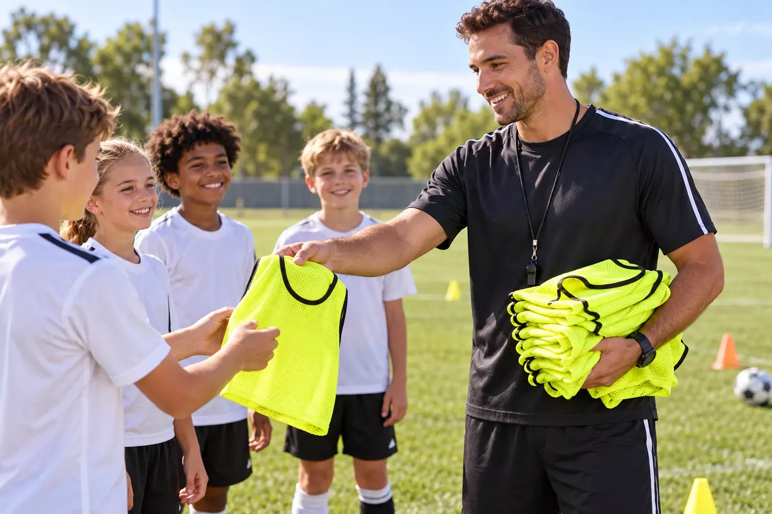 Un entraîneur remet une chasuble fluorescente à un groupe d children sur un terrain de sport.