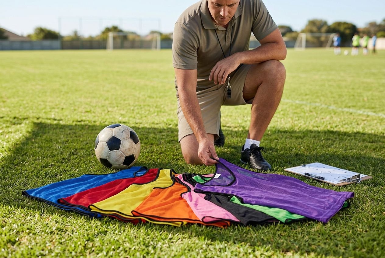 Entraîneur sur terrain vert déployant une chasuble de sport colorée prête pour l’équipe, avec ballon et planche de notes à proximité. transcrit naturellement le sujet « comment choisir chasubles sport ».
