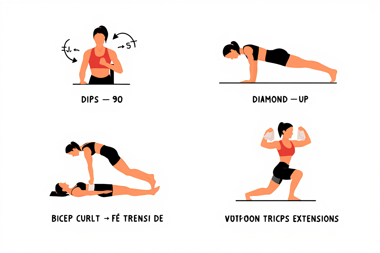 Exercices sans matériel bras: squats et pompes illustrés, dips, curls biceps et extensions triceps en déplacement.