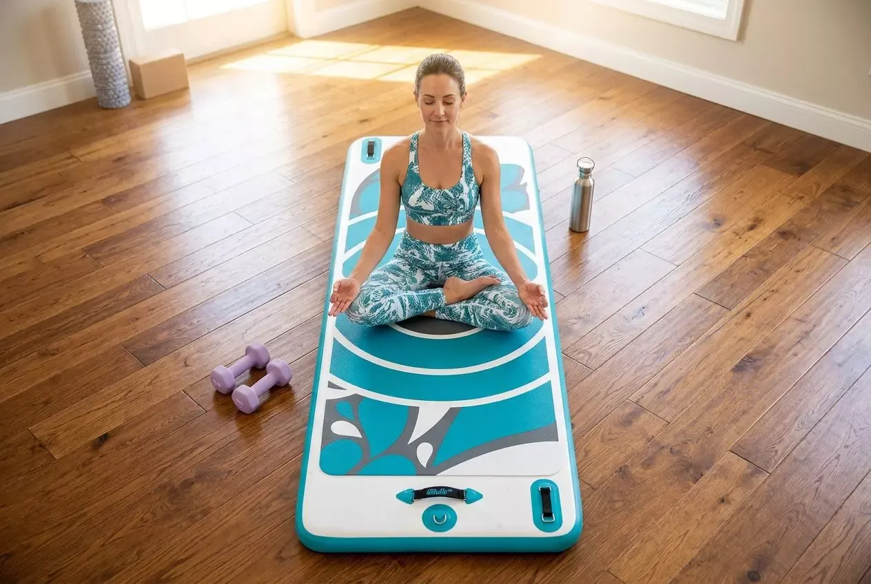 Femme en tenue de sport assise en lotus sur un tapis de sol salle de sport bleu et blanc, posé sur un parquet, avec haltères et gourde à proximité.
