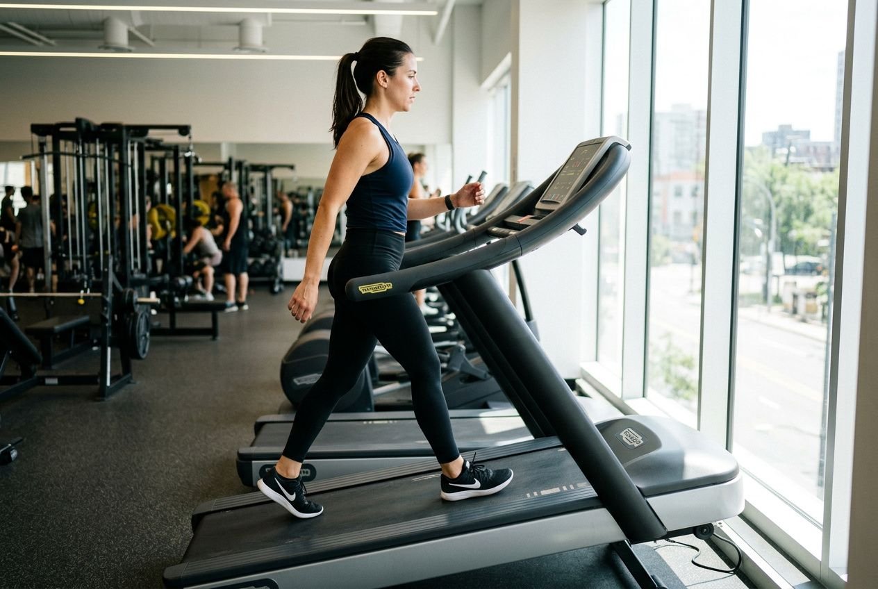 Femme en train de courir sur un tapis de course incline à la salle, illustration de « c'est quoi la méthode 12-5-30 ».