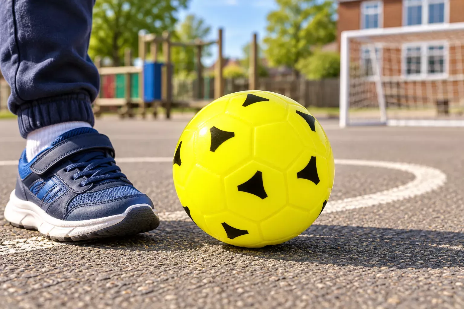 Gros plan sur un ballon de football jaune à côté d'une chaussure, sur un terrain extérieur.