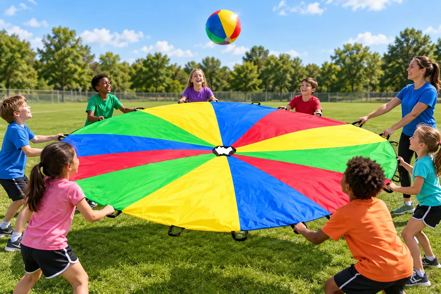 Un groupe d’enfants et d’adultes fait tournoyer un grand cerceau quadrillé coloré sur l’herbe d’un terrain, sous un ciel bleu.