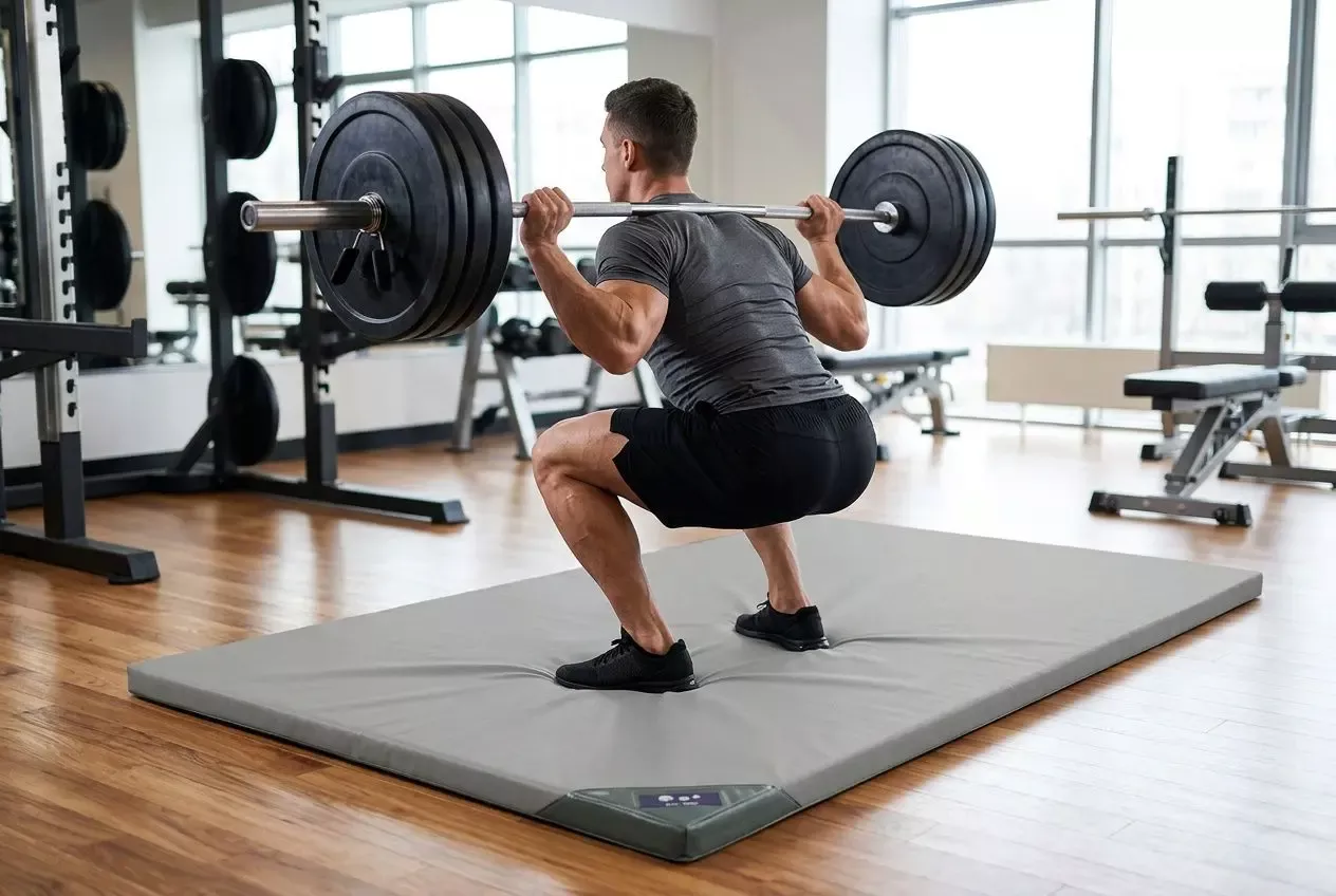 Homme effectuant un squat avec barre chargée sur tapis de sol salle de sport, dans une salle de musculation équipée.