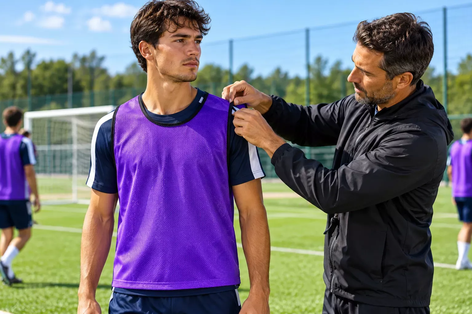 Un homme porte une chasuble de sport violette en train d’être ajustée par un autre homme sur un terrain d’entraînement.