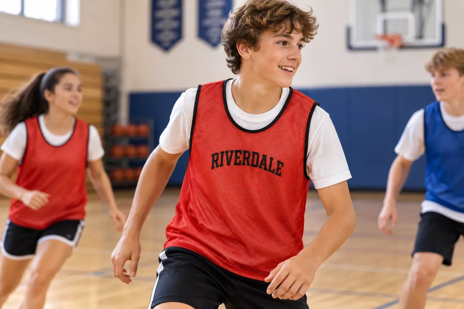 Jeune garçon souriant portant un maillot rouge en mesh avec l’inscription Riverdale lors d’un match de sport en gymnase.