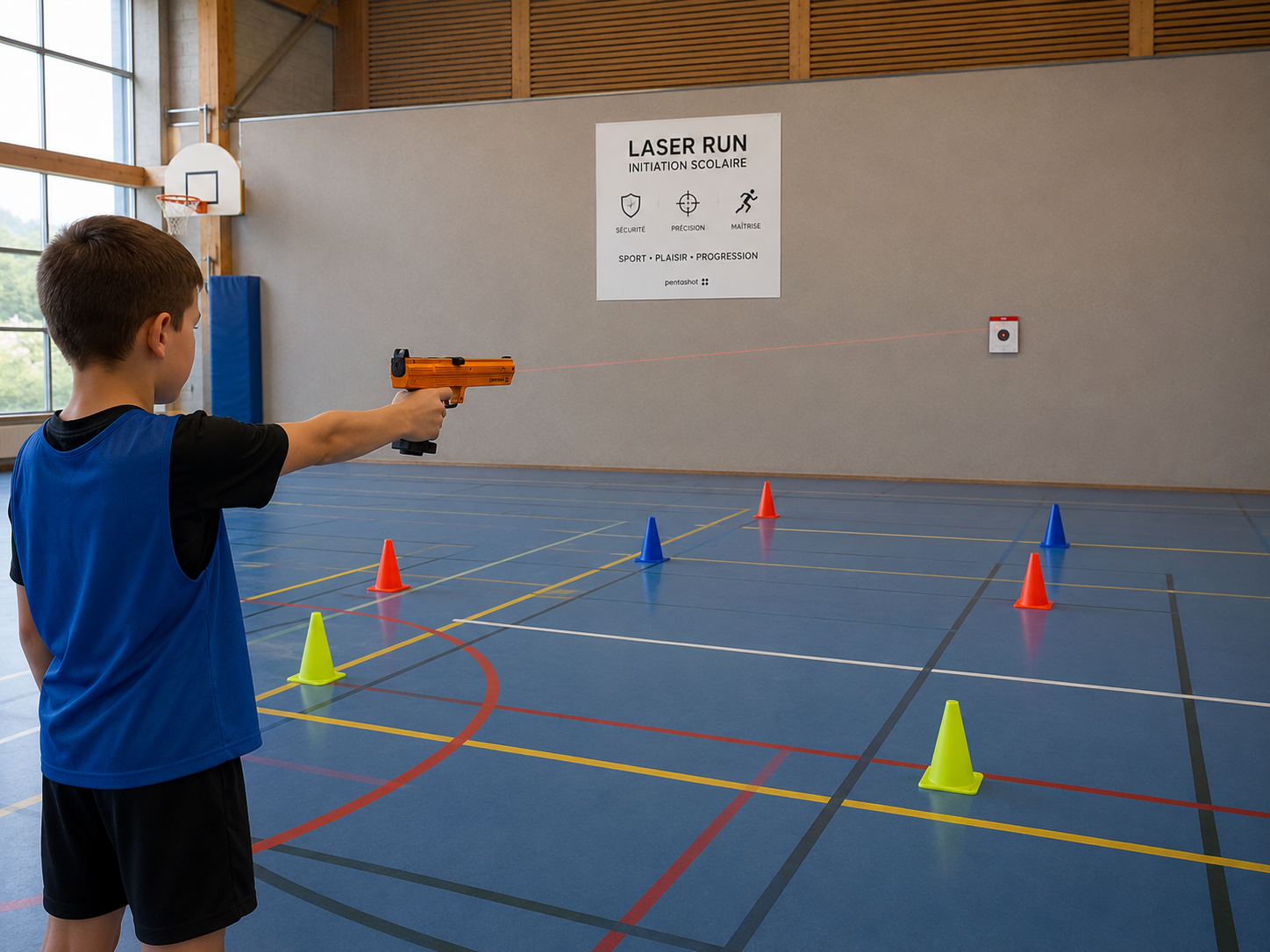 Jeune garçon en veston bleu et noir pointe un pistolet laser lors d’un entraînement en gymnase, entouré de plots colorés.