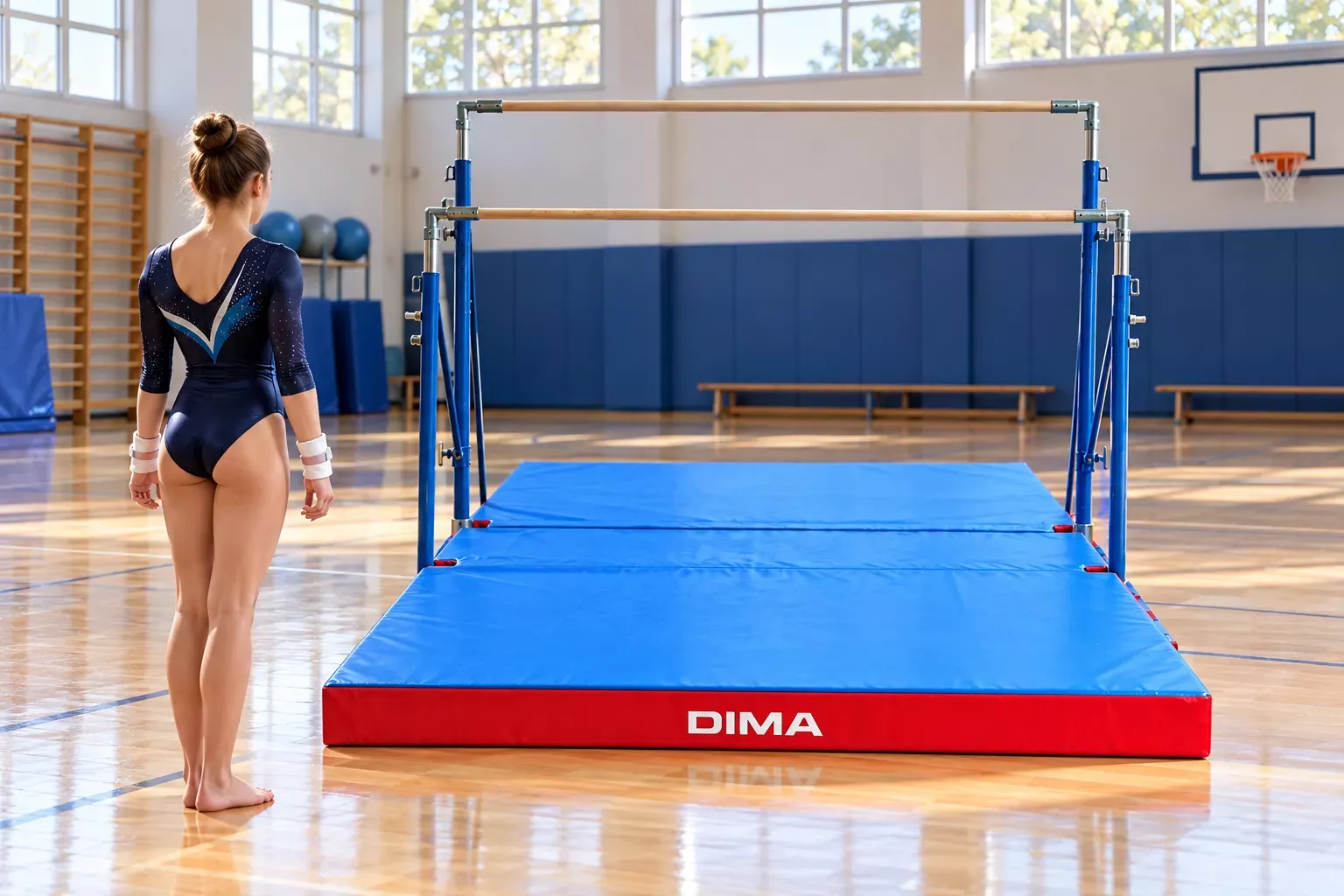 Jeune gymnaste en tenue bleue se tenant près d’un sautoir et d’un tapis bleu dans un gymnase.