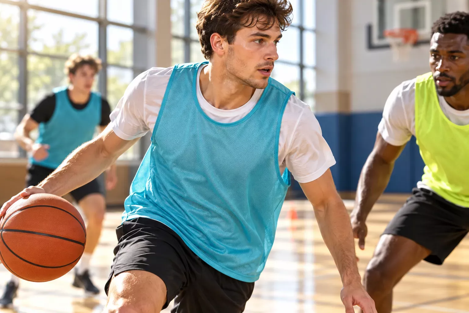 Un joueur de basket en action dribble le ballon dans une salle sportive, portant un maillot sans manches bleu clair par-dessus