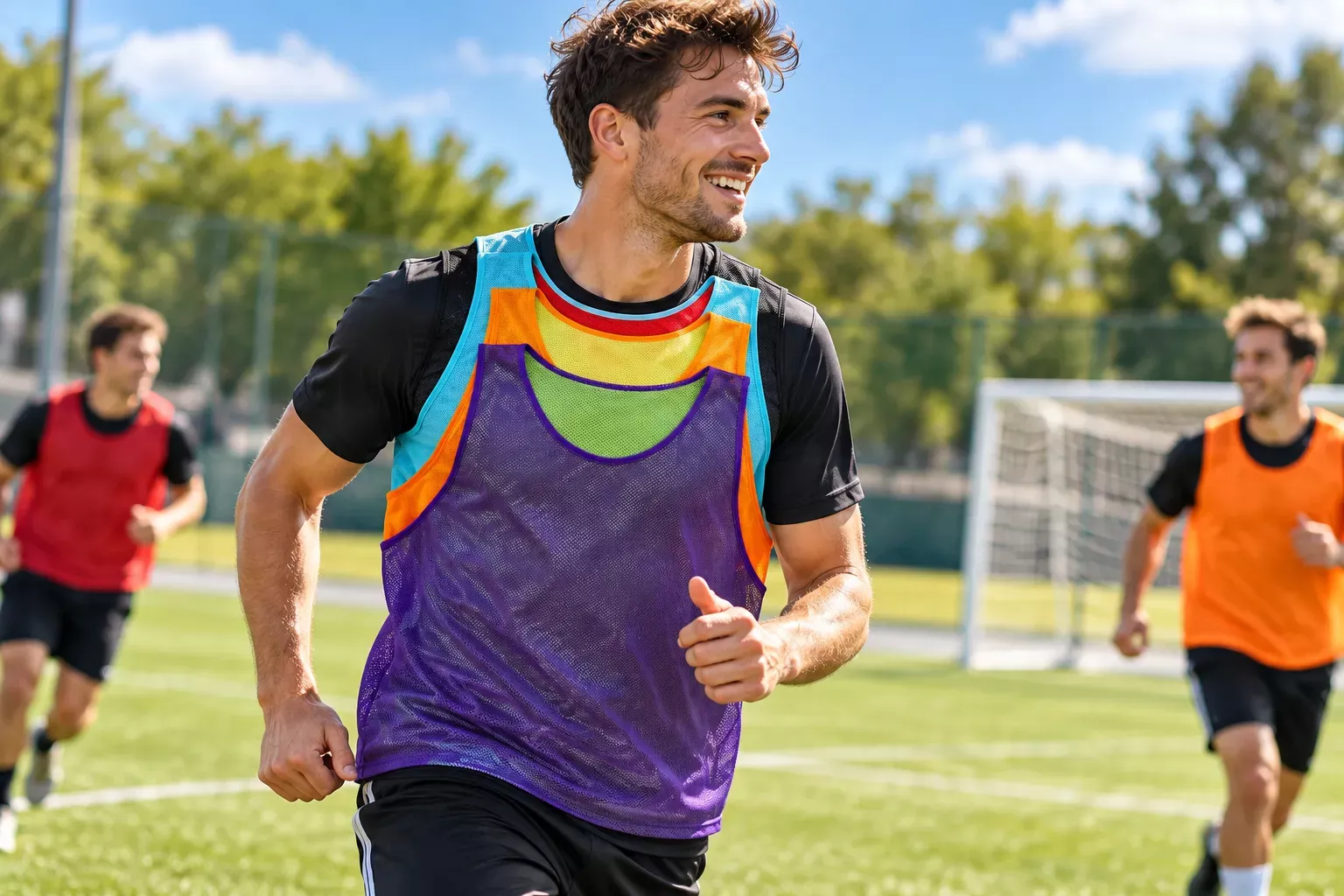 Un joueur souriant porte une chasuble colorée au-dessus de son maillot lors d’un entraînement sur un terrain de football.