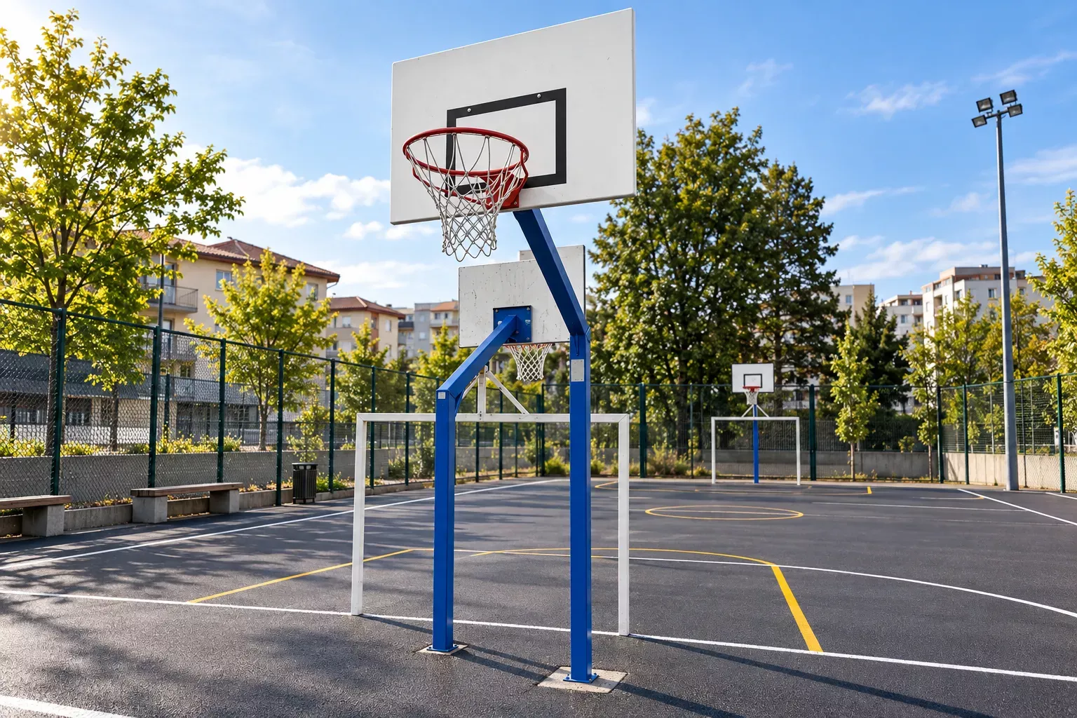 Panier de basket sur terrain extérieur de city stade entouré d’arbres et de cages de but.